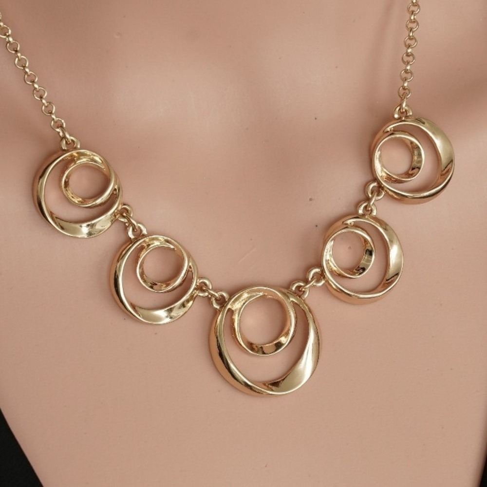 Gold Tone Double Circle Bib Statement Necklace Adjustable Rolo Chain Jewelry
